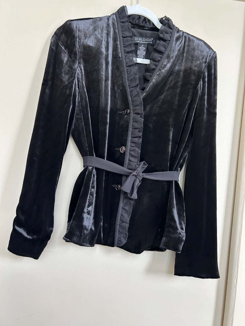Dialogue Black Crushed Velvet Silk Ruffled Trim Belted Jacket XS